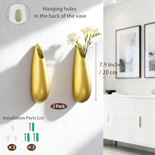 Sculptural Wall Ceramic Vase — 2 Pack Gold Hanging Sconce Vase | Turn Flowers into Art — Decorative Ceramic Wall Sconce for Single Stem Displays - size: 2pcs-Medium