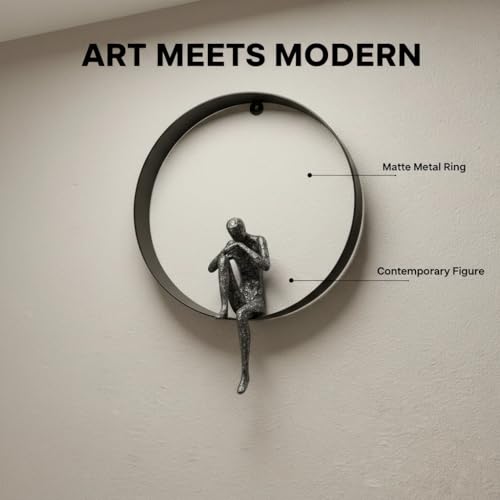ZSKXJBPF Modern Metal Wall Art - Abstract Thinker Sculpture with Resin Figures, Minimalist Iron Ring 3D Wall Decor for Living Room, Bedroom, Office, Housewarming Gift (A) - style: A