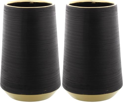 CosmoLiving by Cosmopolitan Porcelain Ceramic Decorative Vase Ribbed Centerpiece Vase with Gold Accents, Flower Vase for Home Decoration 5" x 5" x 8", Black (Pack of 2) - size: 5" x 5" x 8" (Pack of 2)