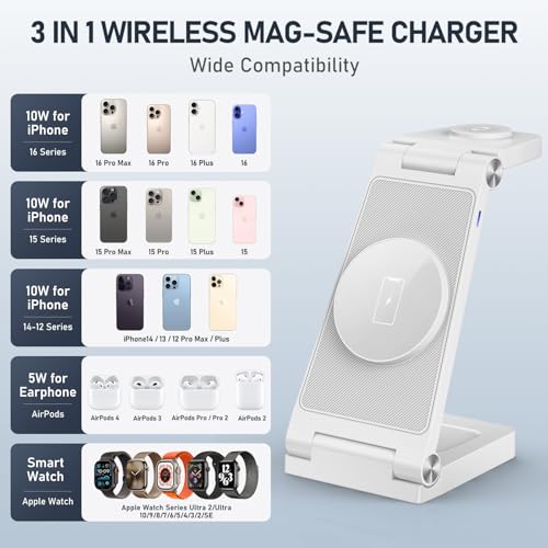 Magnetic Wireless Charger Stand, 3 in 1 Foldable Wireless Charging Station with 20W Adapter, Travel Charger for Multiple Devices for iPhone 16 15 14 13 12 Pro/Max/Plus/Mini, iWatch, AirPods - color: White