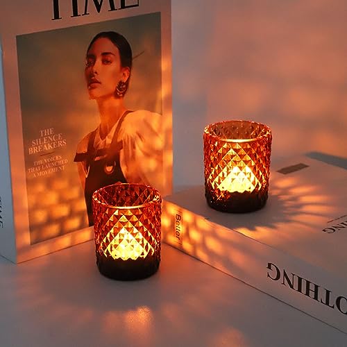 Woho 24pcs Amber Candle Holders for Votive Candles/Tealight Candles, Brown Votive Candle Holder for Boho Home Decor, Glass Tea Lights Candle Holder for Wedding Party Christmas - color: Brown