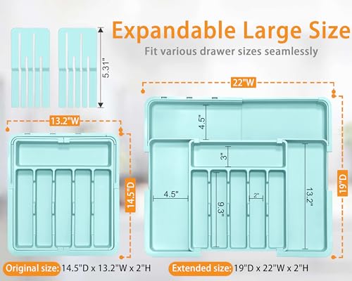 Homecor Silverware Organizer - Expandable Large Kitchen Drawer Organizer Utensil Organizer with 2 Knife Block Inserts, 22"x 19"Cutlery Tray with Drawer Dividers for Kitchen Flatware (Turquoise) - color: Turquoise