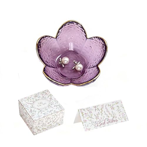 Gifts for Women Purple Flower Jewelry Ring Dish Tray,Decorative Glass Trinket Dish,Room Decor Aesthetic, Modern Accent Tray for Vanity (Purple A) - color: Purple A