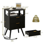 JOONEE Black Nightstand with Charging Station and LED Lights,Modern Bedside Table with 2 Storage Drawer and Open Wood Shelf, for Bedroom and Small Spaces,Night Stand with Solid Wood Legs,Black - color: Black