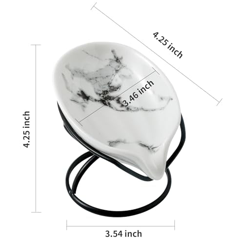 Dobbyby Leaf-Shaped Soap Dish – Premium Ceramic Soap Bar Holder with Self-Drainage System – Bar Soap Holder for Shower, Bathroom Sink, Kitchen – Waterfall Soap Dish with Stainless Steel Stand (Black) - color: Black