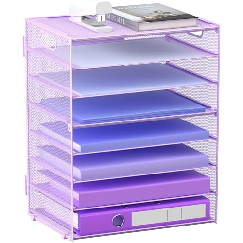 8 Tier Paper Letter Tray Organizer with Handles, Mesh Desk File Holder Storage Organization for Home School Classroom & Office (Purple) - color: Purple