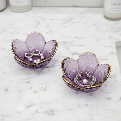 Purple Flower Ring Dish Jewelry Tray, Small Glass Trinket Tray for Rings Earrings, Present for Wife Mom Daughter Women - color: Purple