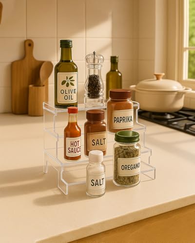 4 Tier Compact Acrylic Display Risers for Perfume, Cupcakes, Figurines – Clear Tiered Tray Stand for Decorative Organizing, Party, Holiday 8.27 IN