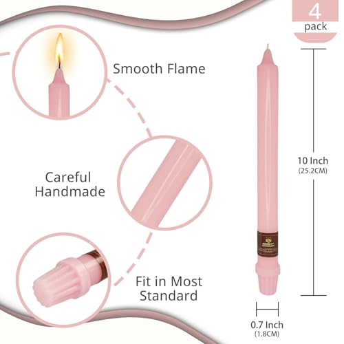 NJAO HOO Pink Candlesticks 10 Inch Handmade Dripless Taper Candles Unscented Colored Candle Set, Pack of 4 - Up to 9-11 Hours Burn - color: Pink, size: 10 In