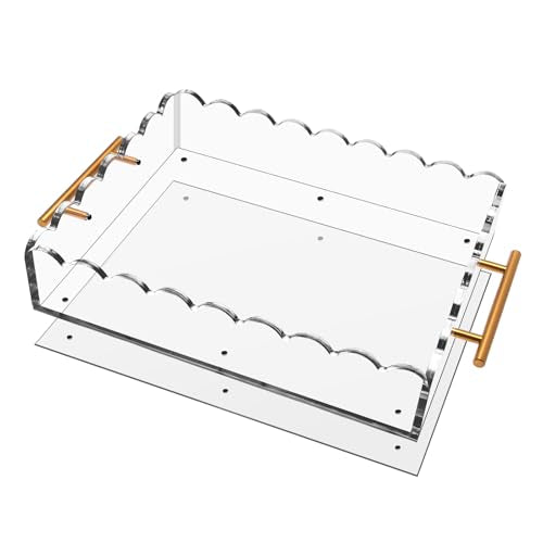 Acrylic Scalloped Tray 14'' X 11'' Acrylic Serving Tray with Magnetic Mat and Handles for Customizable Picture, Clear Acrylic Tray for Bathroom Kitchen Living Room Decor Vanity Perfume