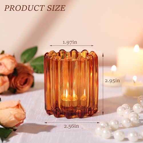 HAVITI Glass Amber Votive Candle Holder, Ribbed Votive Candle Holders Set of 12, Tealight Candle Holder for Wedding Centerpieces Dinner Party Table Decor - color: Amber