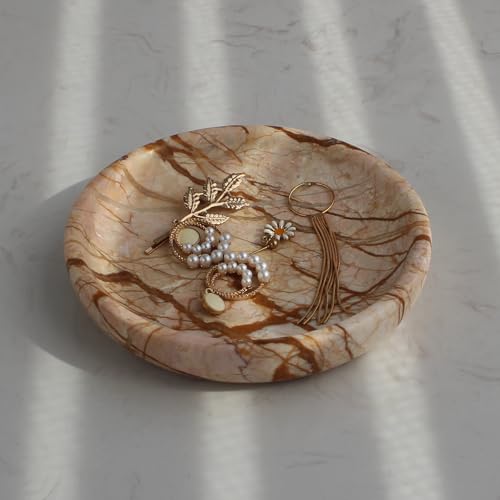 Natural Marble Travertine Ring Dish Jewelry Tray 5.5" for Women, Marble Trinket Dish for Key Earring Nightstand, Mother's Day Engagement Birthday Gift - Pink Marble - color: Pink Marble
