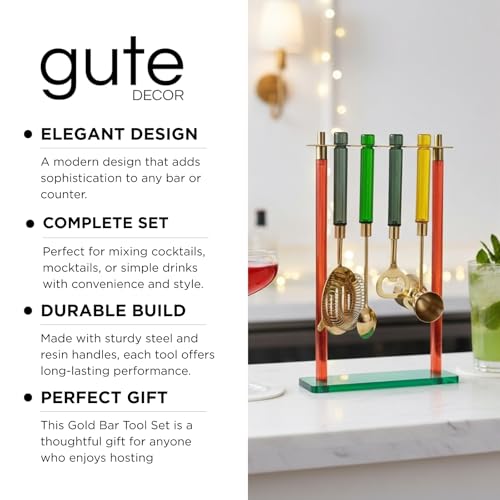5-Piece Gold Bartender Kit with Stand. Stainless Steel Bar Tool Set, Colorful Handles. Includes Jigger, Strainer, Spoon, Bottle Opener Luxury Home Bar Cart Accessories, Cocktail Decor & Mixer Gift Set - color: Mixed Color