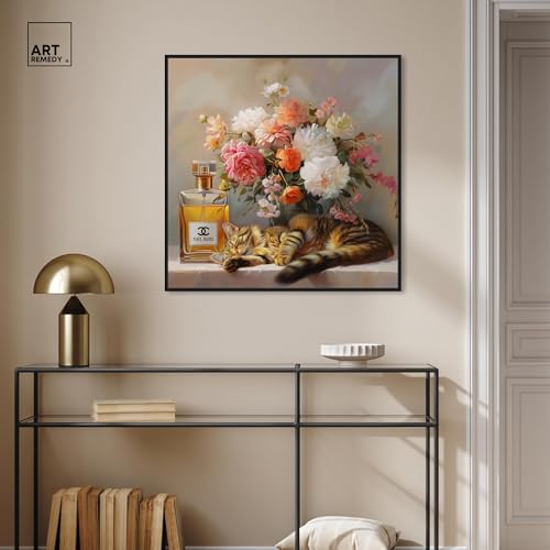 Art Remedy Cat Floral Vase Perfume Canvas Fashion Pet Art, Black Frame, 30" x 30" - color: Black Frame, size: 31"L x 31"W
