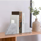 Flexzion Book Ends for Heavy Books - White Marble Bookends Decorative for Shelves, Weighted Modern Stone Marble Bookends Stopper with Non-Skid Bottom for Desk, Shelves, Kitchen and Office (Set of 2)