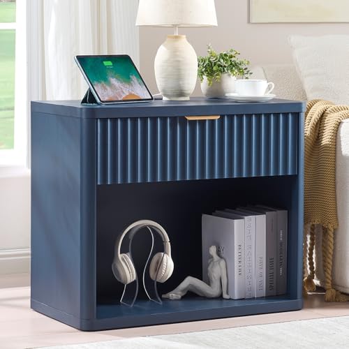 LEYAOYAO 31" Wide Fluted Nightstand with Charging Station, Oversized Extra Large 1 Drawer Night Stand with Golden Handle, Blue Wood Bedside Table Tall End Tables,for Bedroom, Living Room, Hallway - color: Blue, size: 1 Drawers