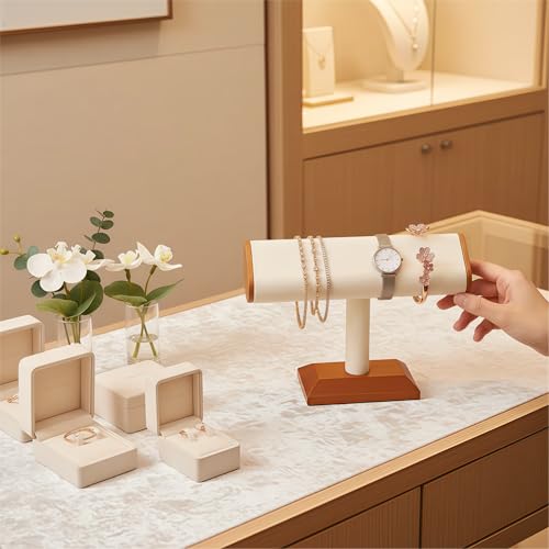 Solid Wood T-bar Watch Display Stand Bracelet Holder Jewelry Tower Organizer Space Saving for Personal Use Vendors Exhibit Trade Shows Retail Stores (Old Lace) - color: Old Lace-2