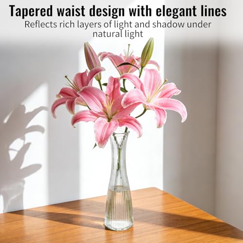 12 PCS Glass Bud Vases in Bulk, 8.5” Tall Clear Ribbed Flower Vases for Centerpieces, Textured Minimalist Small Vases for Flower, Home Office Wedding Table Decorations