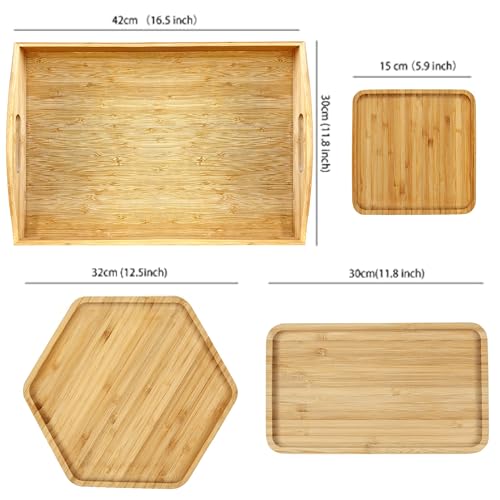 Bamboo Serving Trays 16.5"x11.8"（42x30cm with Handle, Set Includes 0.63"(1.6cm) Thick Dinner Plates Hexagon 12.5"(32cm)+Rectangle 9.8"(25cm)*5.9"(15cm)+Square 5.9"(15cm) - color: 0.63"(1.6cm) Thick 1xhexagon 12.5"(32cm)+1xrectangle 9.8"(25cm)*5.9"(15cm)+1