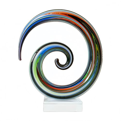 8.5" Handblown Colorful Swirl Art Glass Sculpture - Modern Abstract Indoor & Outdoor Centerpiece for Living Room, Office, Shelf Decor, Housewarming Gift