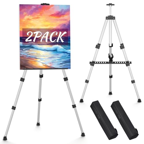 Portable Art Painting Easel Stands - Adjustable Display Artist Tripod Metal Easels with Bags for Table-Top/Floor Painting, Height from 17 to 66 inches, Sturdy for Drawing, Displaying - Silver - style: Silver-2pack