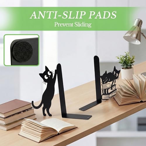 Sanwarm Metal Bookends Cat Black Whimsical Book Ends Decorative Bookend for Home Office Library Desk Book Shelves Decor, Gift for Reading Enthusiasts Non-Skid Book Stoppers Holder (1 Pair) - color: Black Cat 4