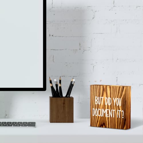 mmiishe But Did You Document It Wooden Box Sign Decorative Funny Office Wood Box Sign Home Office Decor Rustic Farmhouse Square Desk Decor Sign for Shelf 5 x 5 Inches Burlywood. - color: Burlywood, size: 5 x 5 inches