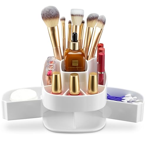Masirs 360° Rotating Makeup Organizer – Small Acrylic Cosmetic Storage Caddy, 5 Compartments, Mini Lazy Susan for Vanity, Bathroom, Skincare, Brushes & Lipsticks, Square White - color: Square White