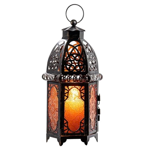 DECORKEY Vintage Large Size Decorative Ramadan Candle Lantern, 12.8’’ Metal Hanging&Tabletop Moroccan Lantern Candle Holder Decor, Halloween Christmas Decorations for Home Indoor Outdoor Patio (Amber) - color: Amber - 12.8''h, size: Large