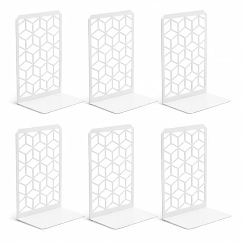 Geomod 3D Cube White Metal Bookends Decorative for Heavy Books - Sturdy Boho Book Stops - Minimal Book Shelf Stopper - Durable Office Bookends - Weighted Metal Book Holders - 7x4.75 Inches - 3 Pair - color: White, size: 3 Pairs, style: 3D Cube