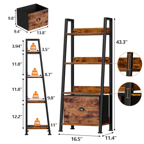 Furologee 4-Tier Ladder Shelf, Ladder Bookshelf with Removable Drawer, Rustic Bookcase Storage Rack Organizer, Wood Metal Freestanding Storage Shelves for Living Room, Home Office, Bedroom, Kitchen - color: Rustic Brown, size: 4-Tier, 15" W