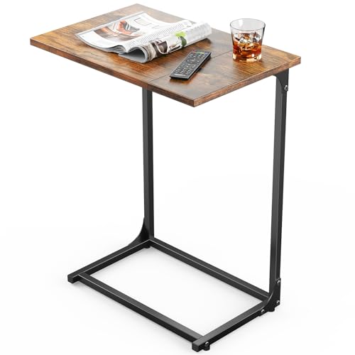 Pipishell C-Shaped Side Table, C Table for Sofa with Two-Piece Desktop & Metal Frame, Large Surface End Table for Living Room, Bedroom, Bedside, Rustic Design - color: Vintage Rustic Brown