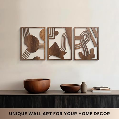 qmmp Modern Wooden Wall Sculptures - Set of 3 - Home Decor Accent - Large Wall Art for Living Room, Bedroom, Office - Easy Installation (Walnut, Medium - Abstract Shapes) - color: Walnut, size: Medium - Abstract Shapes