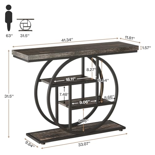 Tribesigns 41.3" Console Table, Industrial 4-Tier Sofa Table Entryway Table with Circle Base, Narrow Wood Accent Tables with Storage Shelves for Living Room, Hallway, Foyer, Charcoal Black - color: Charcoal Black