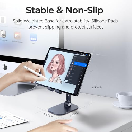 Foldable Phone Stand for Desk - Adjustable Height & Angle Cell Phone Holder, Portable Tablet Stand with Anti-Slip Base for Home, Office, and Travel, Compatible with iPhone & All 4-11" Devices (Black) - color: Black