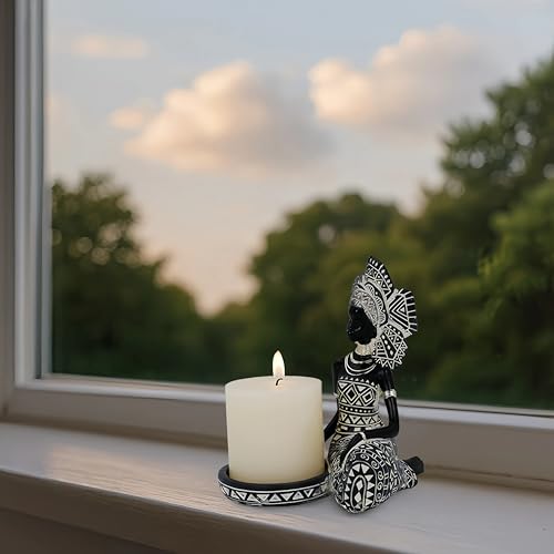 African Woman Candle Holder Statue – Tribal Resin Figurine for Tea Lights or Pillar Candles, Afrocentric Boho Home Decor for Living Room, Meditation Space, Bookshelf - color: 754black