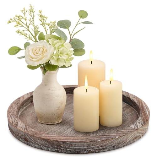 Round Decorative Wood Trays for Coffee Table Counter Farmhouse Kitchen Home Decor Centerpiece Small Wooden Candle Holder Tray Circular Serving Platter Circle Rustic Dining Table Bathroom Perfume Tray - color: Washedwhite, size: 11"