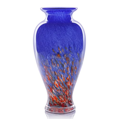 Hand Blown Glass Vase 11.8" Tall Beautiful Dark Blue Sea Wide Mouth Bud Vase for Table Centerpiece, Painted Colorful Murano Glass Flower Vases for - Home Entrance Wedding Center - color: Blue