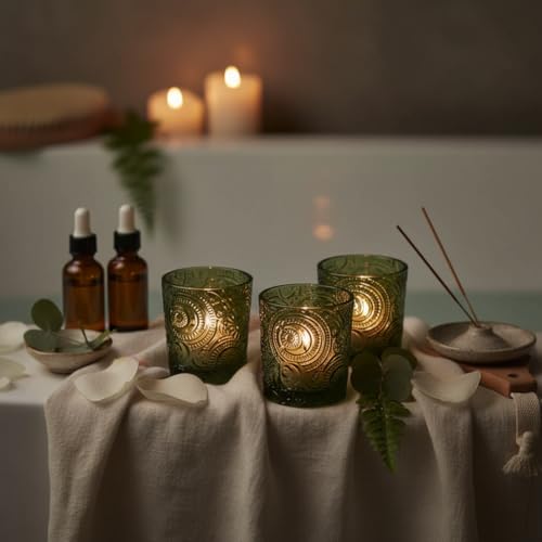 6 Pack Patented Sun Moon Star Embossed Glass Tea Light Candle Holders - Unique Votive Candle Holders for Wedding, Party, and Table Centerpieces (Moss Green) - color: Moss Green