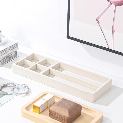 Divided Drawer Organizer Tray, Velvet Jewelry Storage Tray, Necklace Bracelet Ring Earring Display Tray,Bedside Nightstand Desk Holder Tray for Phone Watch Sunglasses Cosmetics Storage/Beige/6grid - color: Beige, size: Grid6