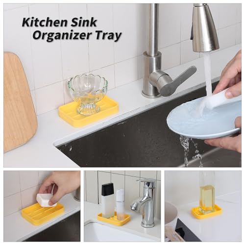 MicoYang Silicone Kitchen Sink Organizer Tray for Multiple Usage,Easy Clean Sponges Holder for Kitchen Bathroom Counter or Sink,Dish Soap Dispenser,Scrubber,Bottle,Cup Yellow 4.9”x 3.2” - color: Yellow, size: 4.9" x 3.2" x 0.7"