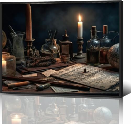 A table topped lots different types objects generative Dark academia Black Framed Canvas Wall Art for Living Room Bedroom Kitchen Bathroom Prints Pictures Wall Decor Posters Painting Artwork 12x16