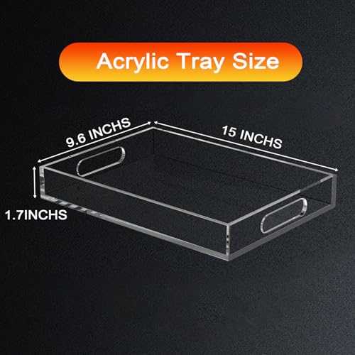 Acrylic Tray for Ottoman,Acrylic Organizers Tray Large, Serving Tray with Handle, Lucite Tray Organizer for Bench, Coffee Table Countertop, Kitchen, Bathroom, Living Room, Powder Room - size: 15" x 9.6" x 1.7"