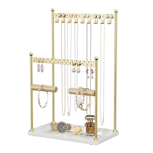 3 Tier Gold Jewelry Stand, Necklace Organizer, Earring Holder with 44 Holes and 9 Hooks, for Necklaces, Bracelets, Rings - color: Gold