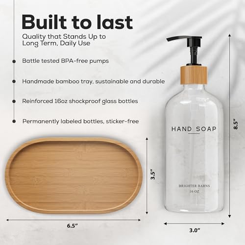 Clear Glass Soap and Lotion Dispenser Set with Tray by Brighter Barns - Hand Soap Dispenser Bathroom Set - Liquid Soap Dispenser and BPA-Free Pump - Neutral Home Decor & Modern Bathroom Accessories - color: Clear Sl