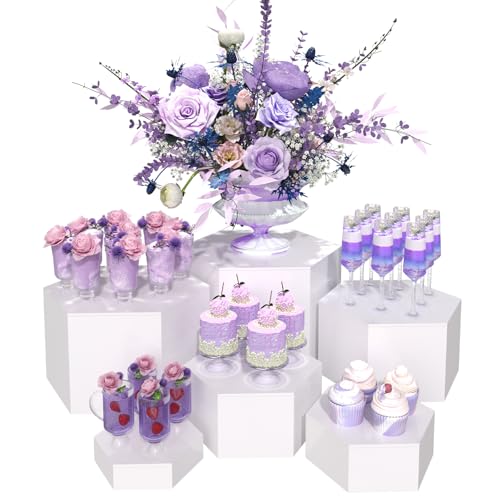 Buffet Risers, Food Display Risers for Party, White Acrylic Risers Display Stand for Buffet Table, Catering Displays for Dessert, Cube Box Nesting Riser with Hollow Bottoms (5"x6"x7"x8"x9"x10" 6PCS Hexagonal White) - color: 5"x6"x7"x8"x9"x10" 6PCS Hexagon