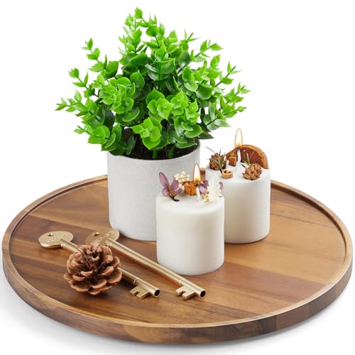 12 Inch Acacia Wood Round Tray, Wooden Decorative Serving Coffee Table Tray Centerpiece Candle Holder for Farmhouse Kitchen Dining Room Home Decor Coffee Table Decor and Accessories - color: Acacia, size: 12"
