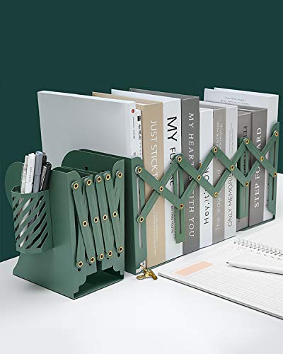 MSDADA Adjustable Bookends, Book Ends for Heavy Books, Expandable Book Organizer with Pen Holder for Desk, Shelf, Office,School, Thanksgiving for Students and Teachers(Green) - color: Green