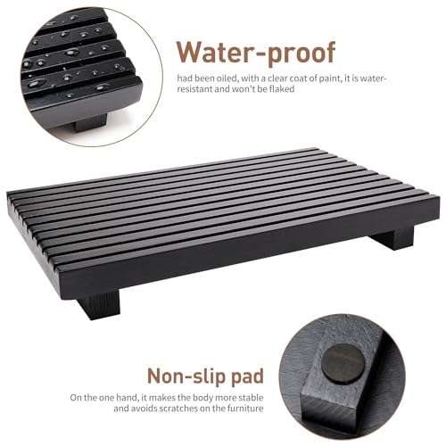 Renawe Black Bathroom Counter Tray Organizer Wood Riser Stand Kitchen Countertop Trays Wooden Pedesta Display Dish Soap Dispenser Holder for Bathroom Decor Sink Accessories Vanity Tray - color: Black, size: 12x6.7 inch