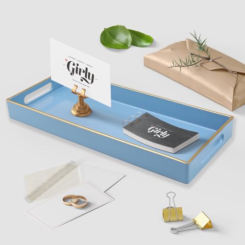 Blue Bathroom Vanity Tray for Countertop, Small Plastic Toilet Tank Versatile Storage & Organization Tray for Makeup, Perfume, Desk, Kitchen, Candles, 13.7"x6"x1.4", 35BL - color: 15blue